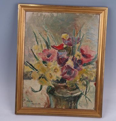 a painting of flowers in a vase on a table
