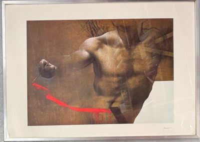 une photo d'un tableau représentant un homme avec un couteau dans la bouche