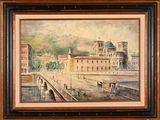 painting of a train station in a city with a clock tower in the background