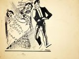 drawing of a man in a suit and tie walking next to a woman