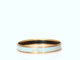 a close up of a blue and gold ring on a white background