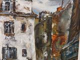 painting of a street scene with a horse and buggy in front of a building
