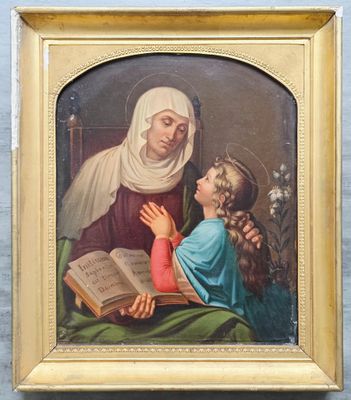 une image représentant un tableau où l'on voit une femme lisant un livre à un enfant
