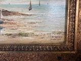 a painting of a beach scene with sailboats in the water