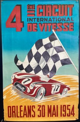 une vieille affiche annonçant une course automobile, sur laquelle figure un drapeau à damier