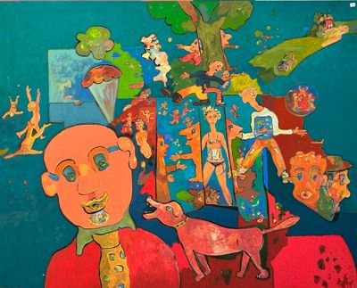 a painting of a man and a dog in a room