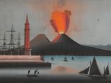 une photo d'un tableau représentant un volcan sur l'eau