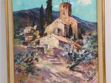 an oil painting of a church in a rural setting