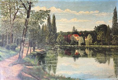 un tableau représentant un tableau d'une rivière avec une maison au loin