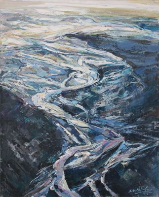 an oil painting of a river running through a rocky area