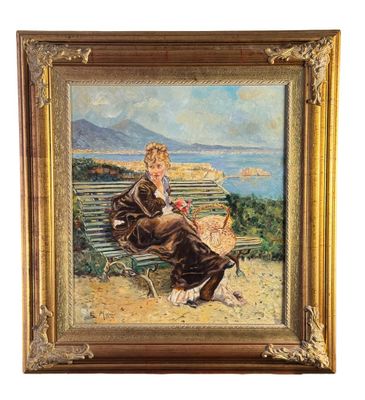 une peinture à l'huile représentant une femme assise sur un banc avec un chien
