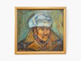 portrait of an old man with a white hat and a blue scarf