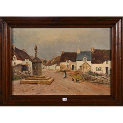 un tableau représentant une rue de village où l'on voit un homme promener son chien