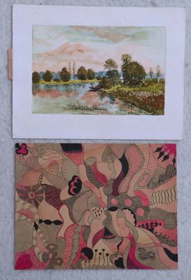 a picture of a painting on the wall next to a picture of a river