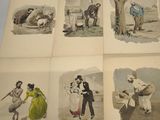 four different colored illustrations of people playing golf on a white surface