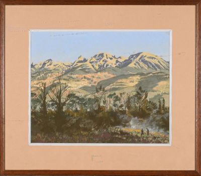 an image of a painting of a mountain range with trees in the foreground