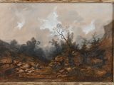 an image of a painting of a landscape with a tree in the foreground