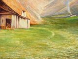 a painting of a house in a field with a rainbow in the background