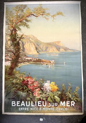 an old poster of a beautiful view of the sea and mountains
