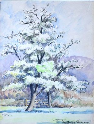 peinture d'un arbre dans un champ avec une clôture et des montagnes en arrière-plan