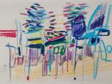 drawing of a group of people sitting at a table with chairs
