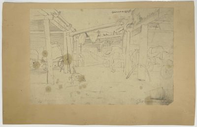 une image représentant un dessin d'un homme et d'une femme dans une grange