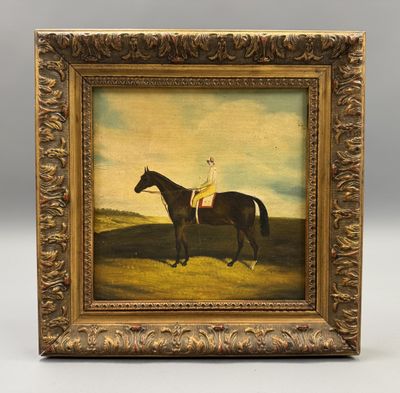 une peinture à l'huile représentant un cheval et son cavalier dans un champ