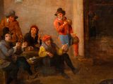 painting of a group of people sitting around a table eating food