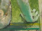 a painting on the wall of a room with a vase and a cat