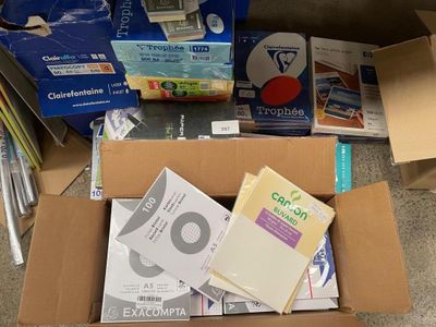 une boîte en carton remplie de livres et de papiers, posée par terre
