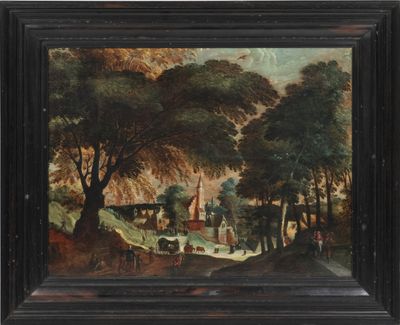 peinture à l'huile d'une scène de village avec une voiture à cheval