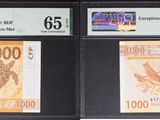 trois types de monnaie différents exposés dans une vitrine