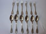 six spoons and six forks are lined up on a white surface
