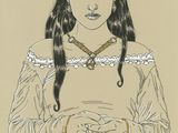 une illustration représentant une femme aux cheveux longs tenant une assiette de nourriture