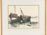 framed watercolor painting of a boat in the water with a rope