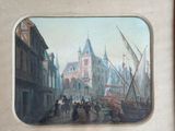 a painting on the wall of a building with a clock tower in the background