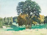 an image of a painting of a field with trees in the foreground