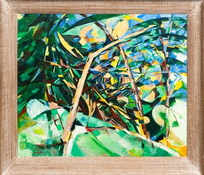 a painting of a bird ' s nest in the middle of a forest