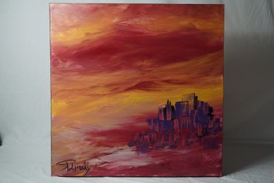 peinture représentant une ville au coucher du soleil sur fond blanc