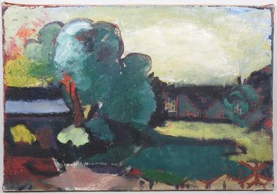 une peinture à l'huile représentant un arbre vert dans un champ, avec une maison en arrière-plan