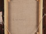 a painting of a wooden frame with a rope hanging from it ' s sides