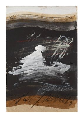 une peinture en noir et blanc représentant des mots écrits sur un morceau de papier