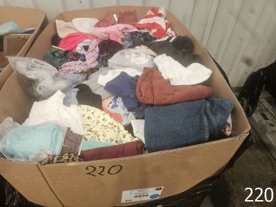 une boîte en carton remplie de vêtements posée par terre