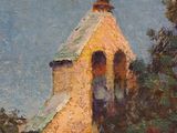 an oil painting of a church with a steeple and a cross on it
