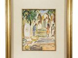 framed watercolor painting of a group of people in a courtyard