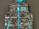 the vest is shiny and has a blue hoodie on it