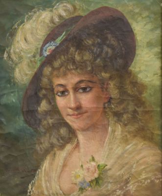 painting of a woman in a large hat with flowers in her hair
