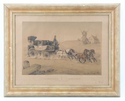 dessin représentant une calèche tirée par deux chevaux