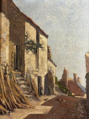 un tableau représentant une scène de rue avec un bâtiment et un cheval