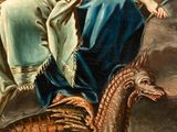 an image of a painting of a woman sitting on a dragon